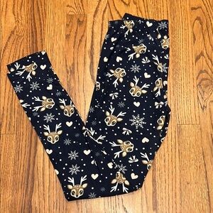 Eevee Holiday Festive Christmas Reindeer Snowflake Bow Navy Tan Leggings XS